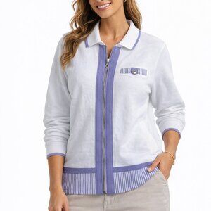 VTG 90s K Wear by Koret Zip Up Jacket White Blue Striped Collared Coastal sz XL